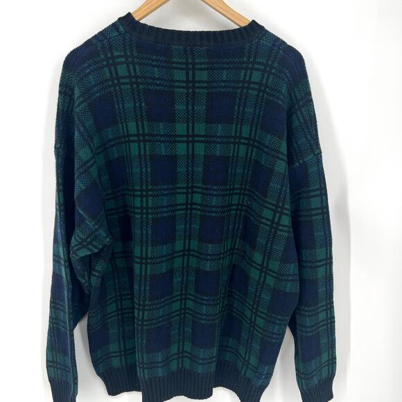 Vintage Lands End Mens Plaid Crewneck Cotton Knit Sweater Navy Green Size  XL - Picture 2 of 7